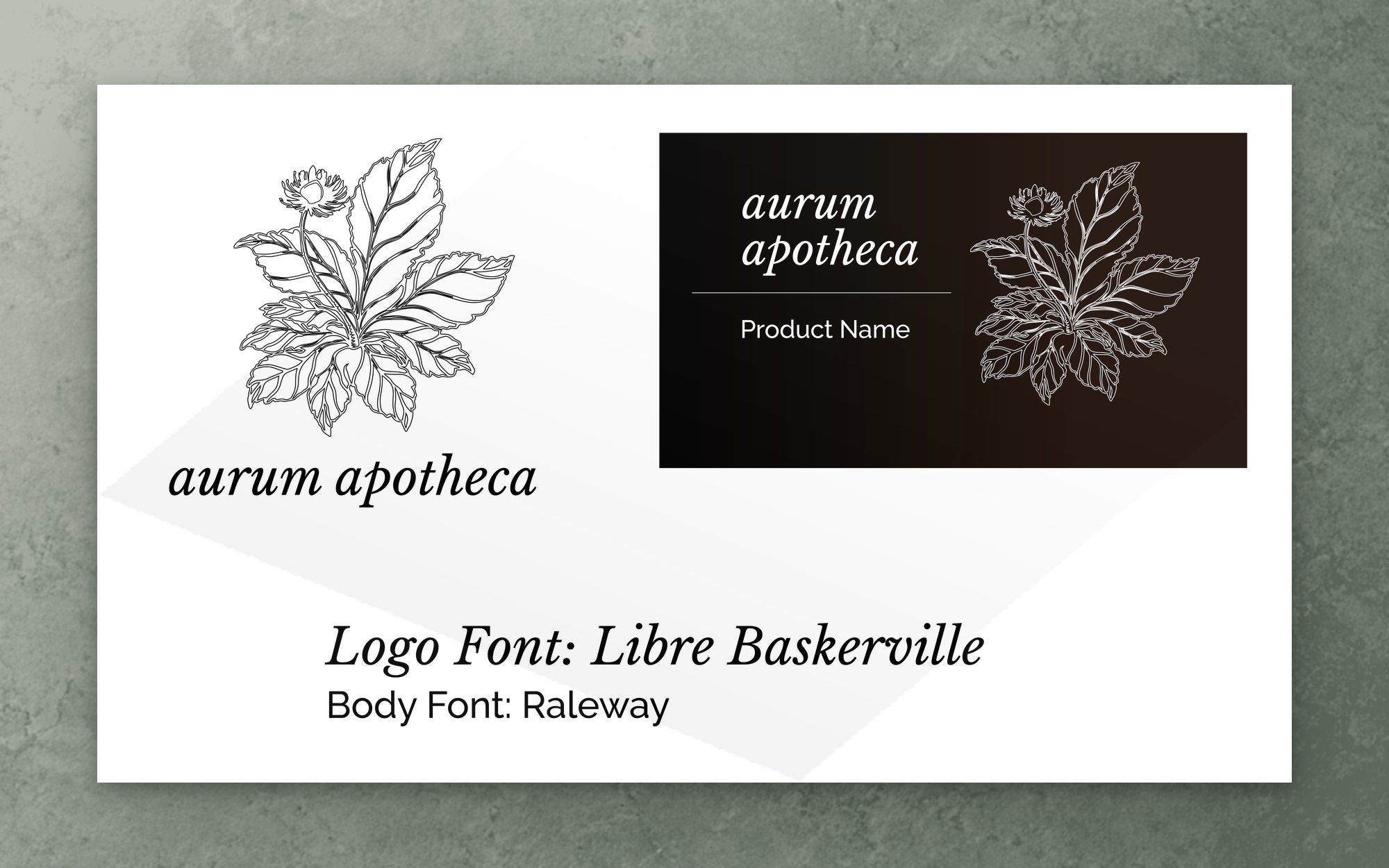 The proof board flat: mark, dark label lockup and the two typefaces
