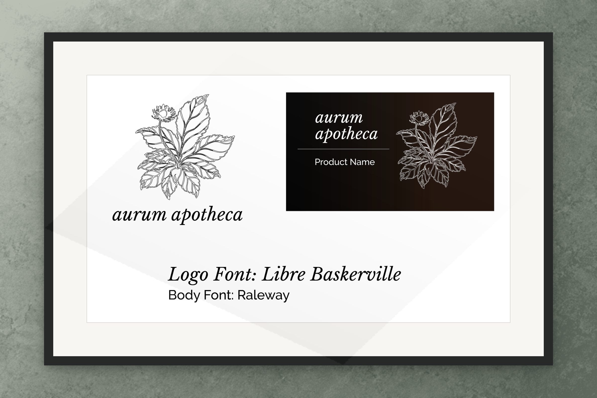 The aurum apotheca logo proof board as a framed print on a sage surface