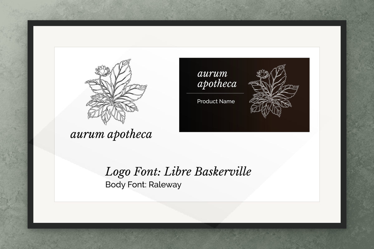 Aurum Apotheca identity: The aurum apotheca logo proof board as a framed print on a sage surface