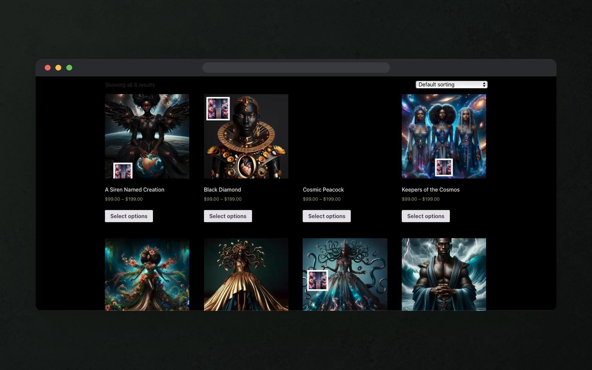 The shop page at launch with eight products in a four column grid