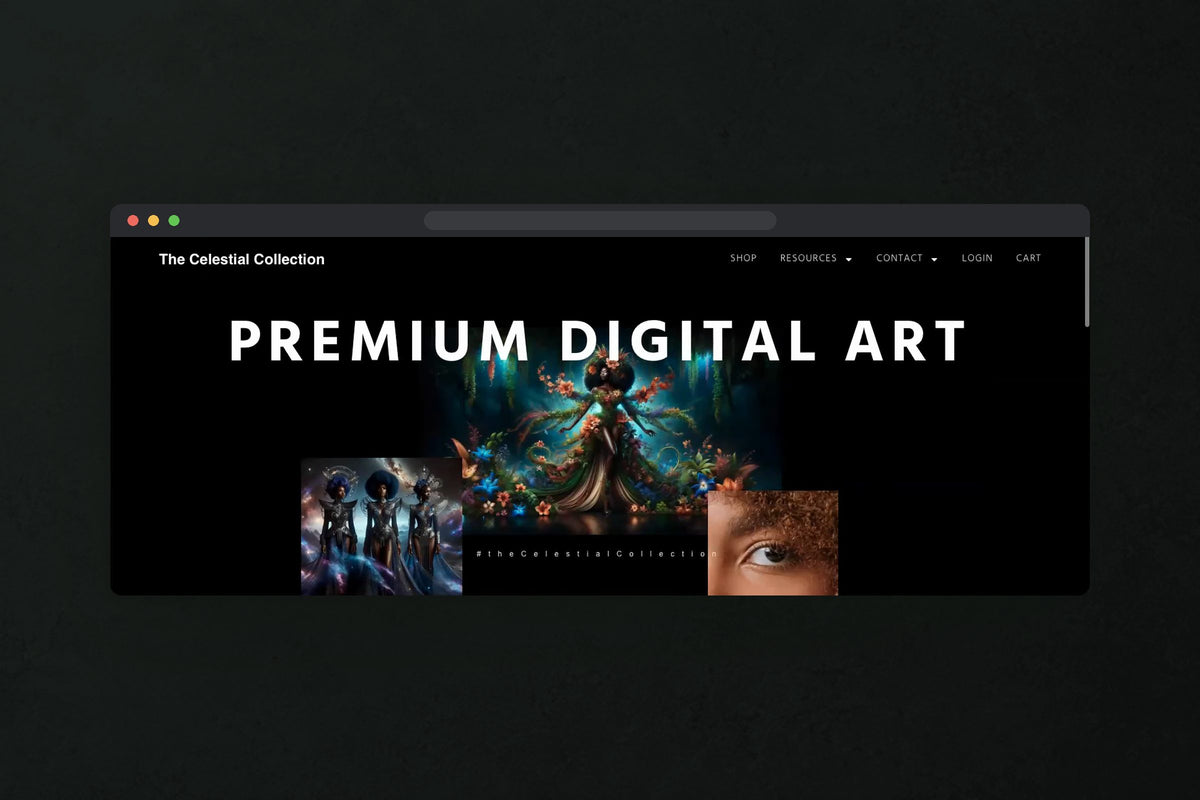 Celestial Collection website: The Celestial Collection homepage at launch, a black page with the headline Premium Digital Art