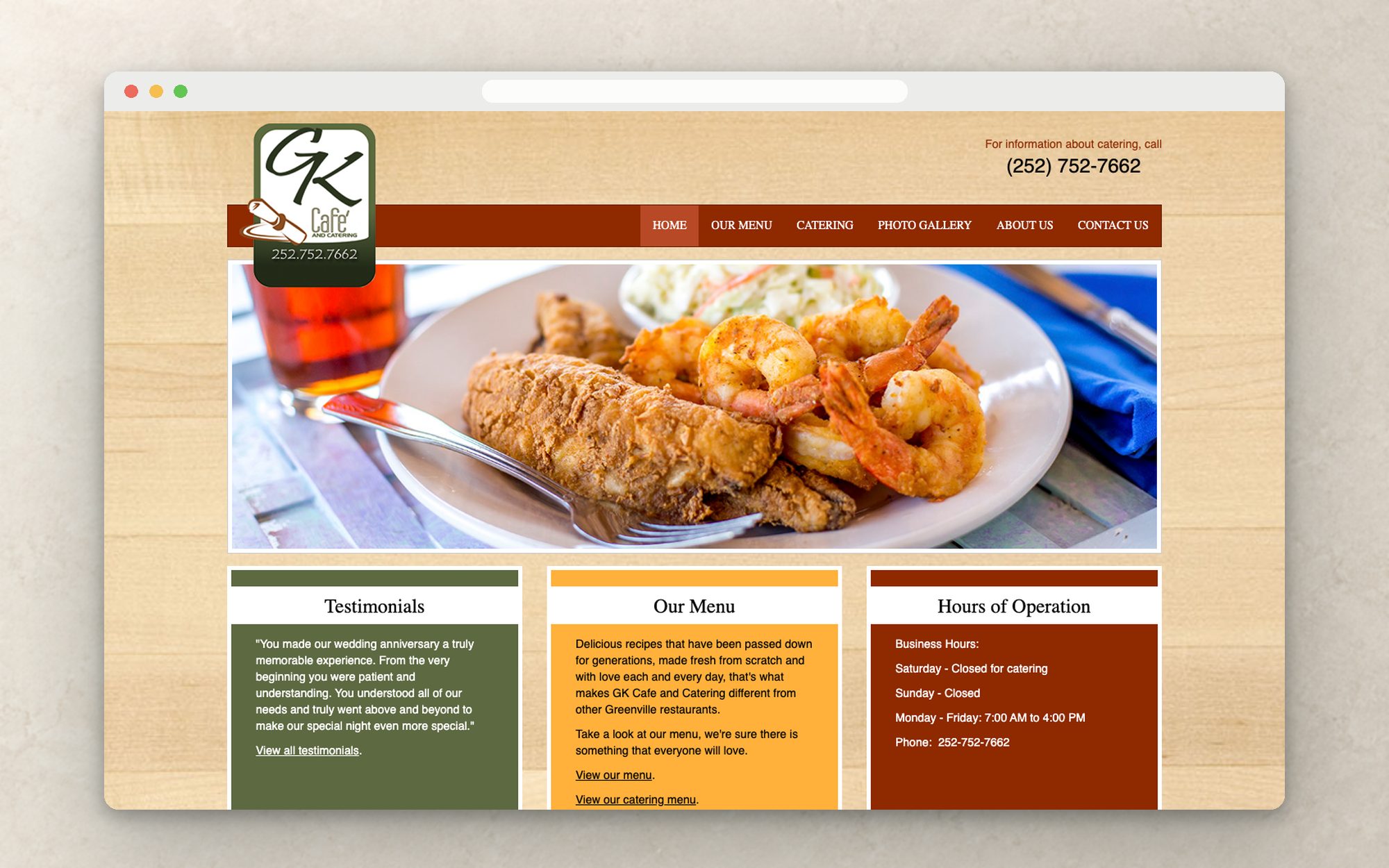The GK Cafe homepage in a browser window, with the fried shrimp photo and three info cards