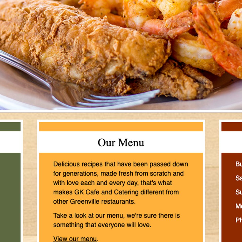 Three cards, three brand colours: testimonials, menu and hours.