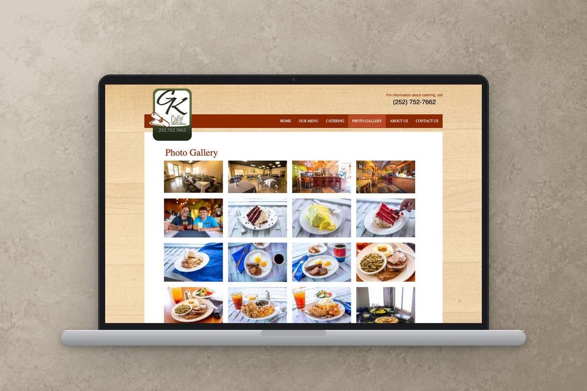 GK Cafe website front end: The GK Cafe and Catering photo gallery page on a laptop