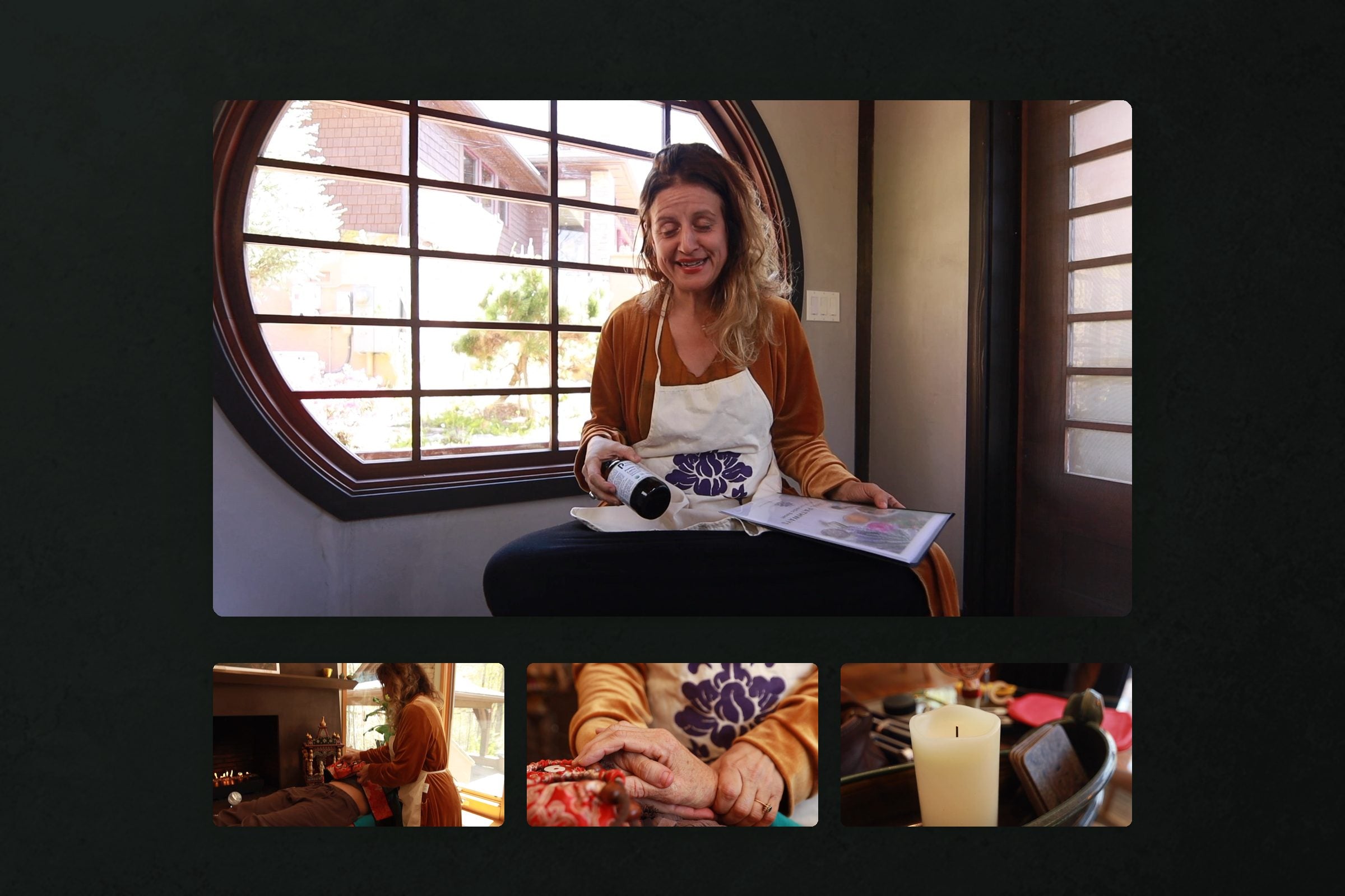 The acupuncturist seated below a round window in a white apron, holding a bottle of castor oil over an open book, with three smaller stills from the ad