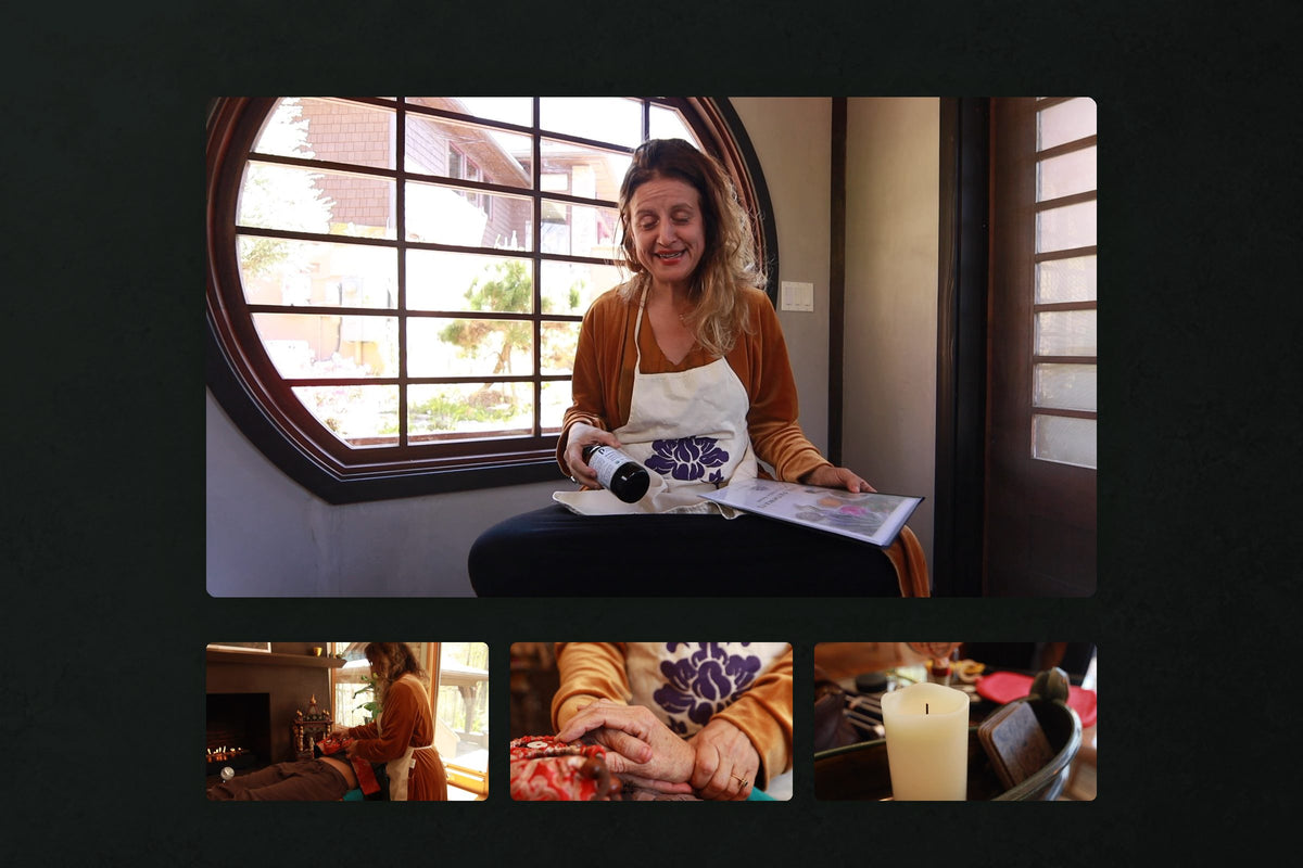 Natural Pathways video campaign: The acupuncturist seated below a round window in a white apron, holding a bottle of castor oil over an open book, with three smaller stills from the ad