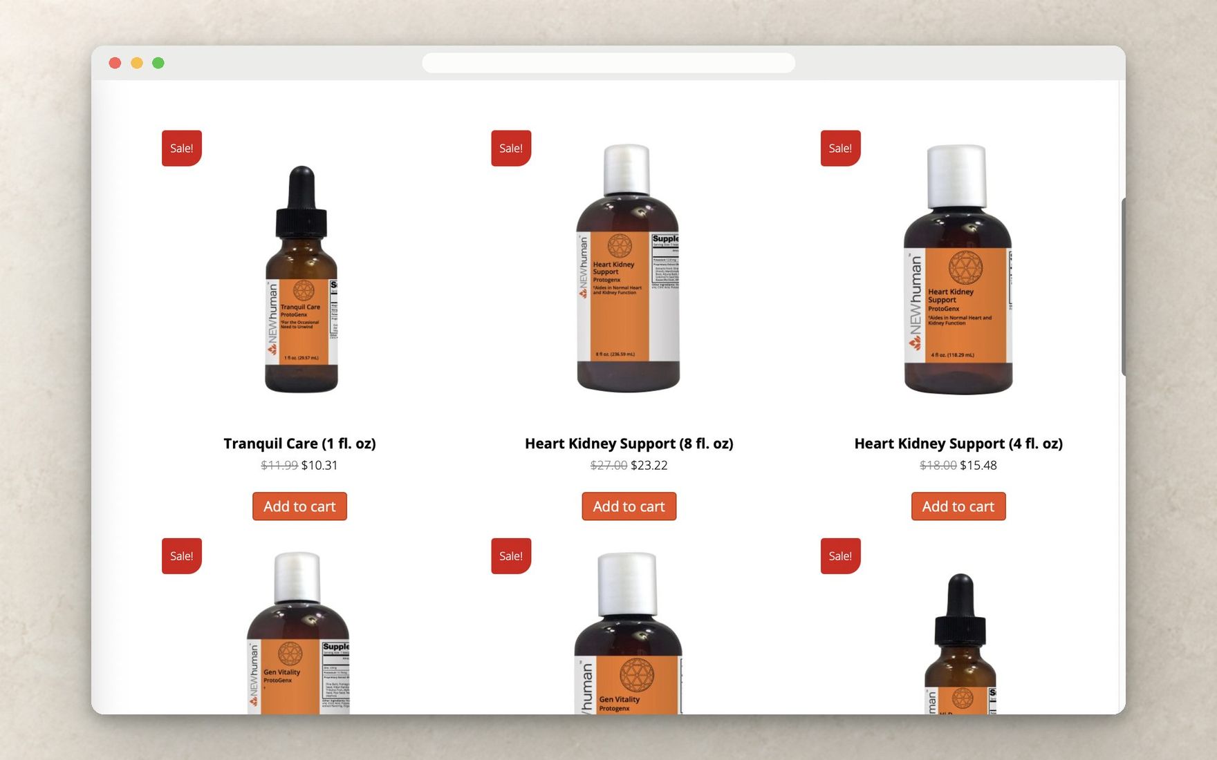 Product grid with sale badges and add to cart