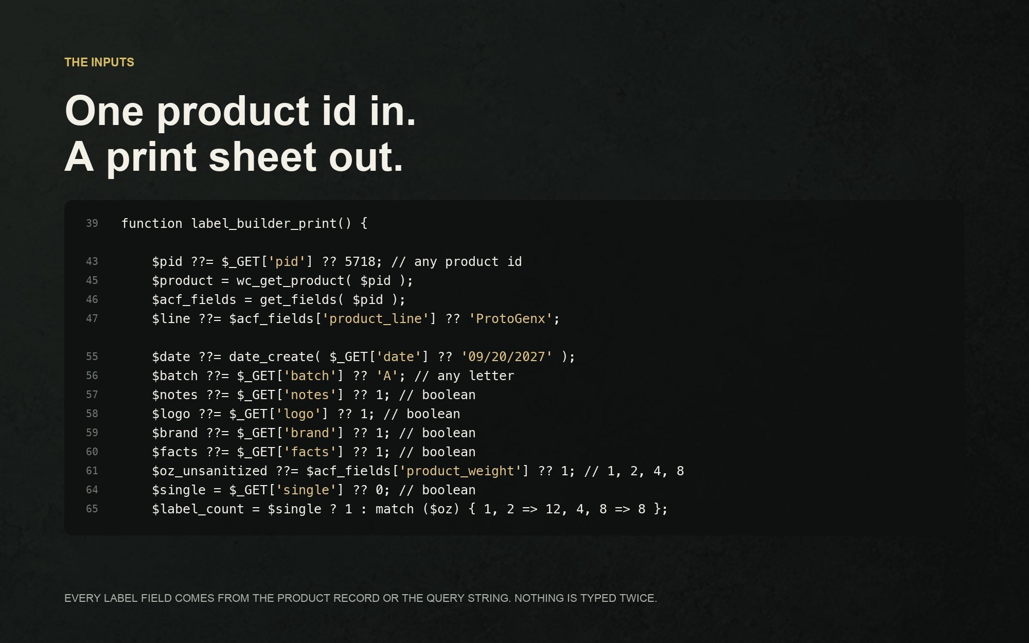 PHP excerpt: the inputs of label_builder_print, product id, line, date, batch and the four panel switches