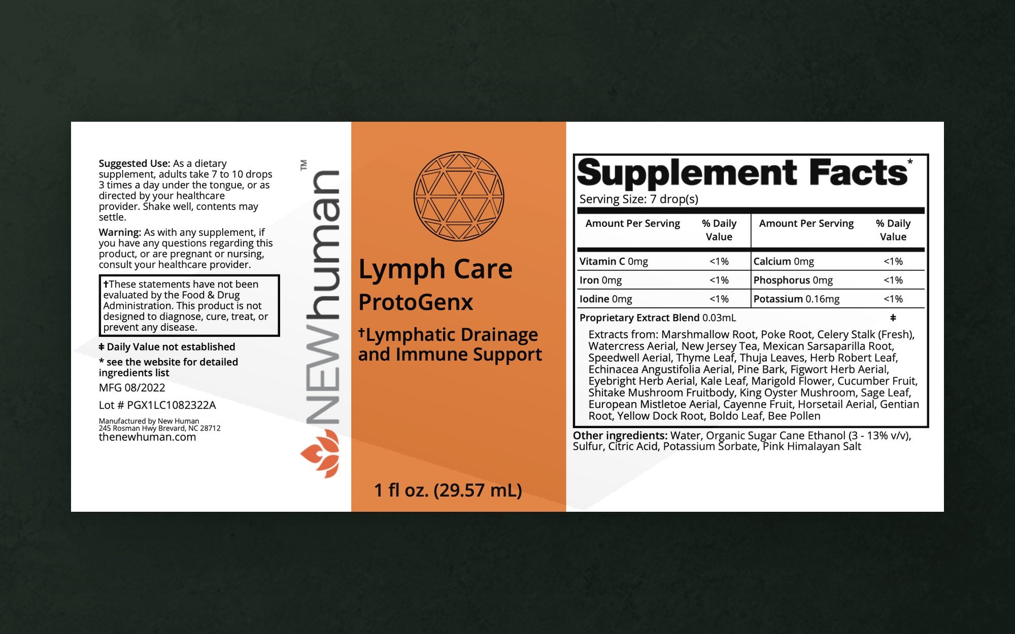 The Lymph Care label as printed: notes, brand column and Supplement Facts panel