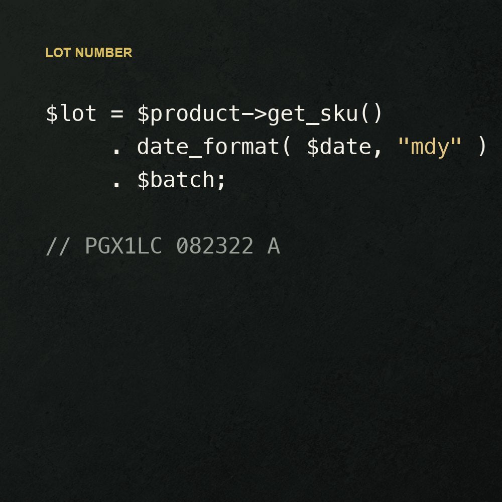 One line of PHP makes every lot number: SKU, then the date, then the batch letter.
