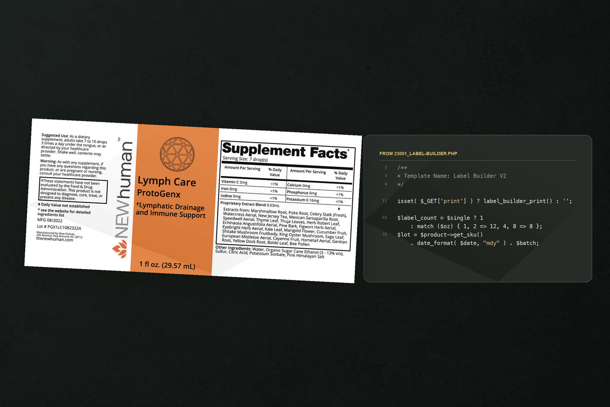 New Human label builder: A printed New Human Lymph Care label beside a dark card of PHP from the label builder template