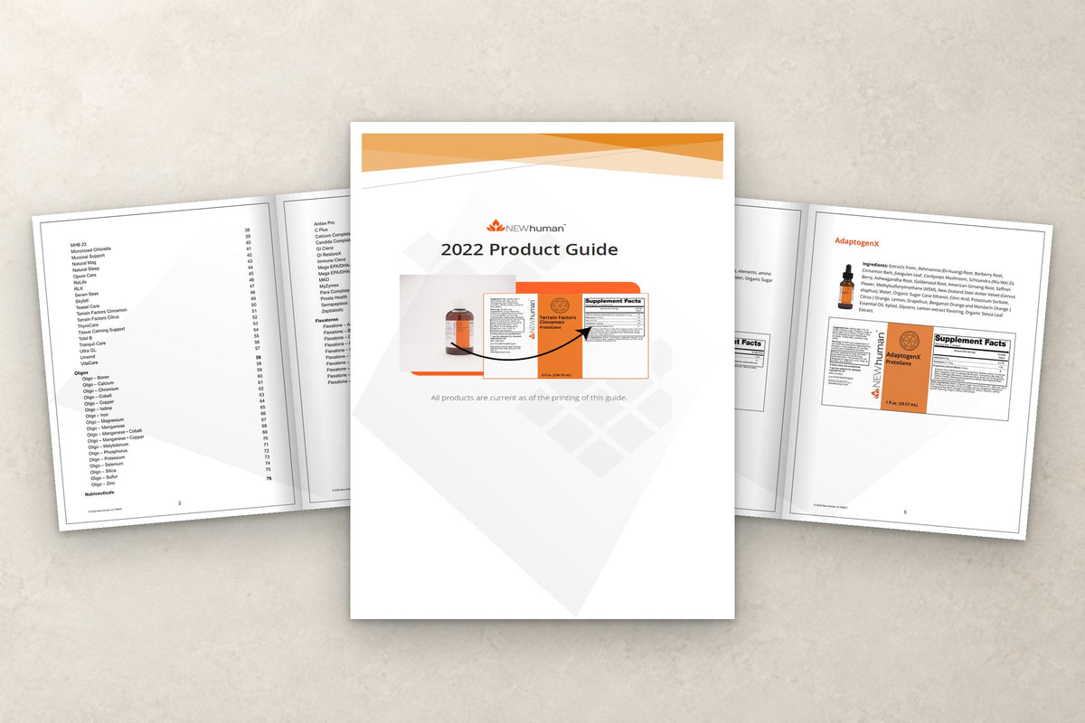 New Human product guide: The 2022 New Human product guide cover with two open spreads fanned behind it
