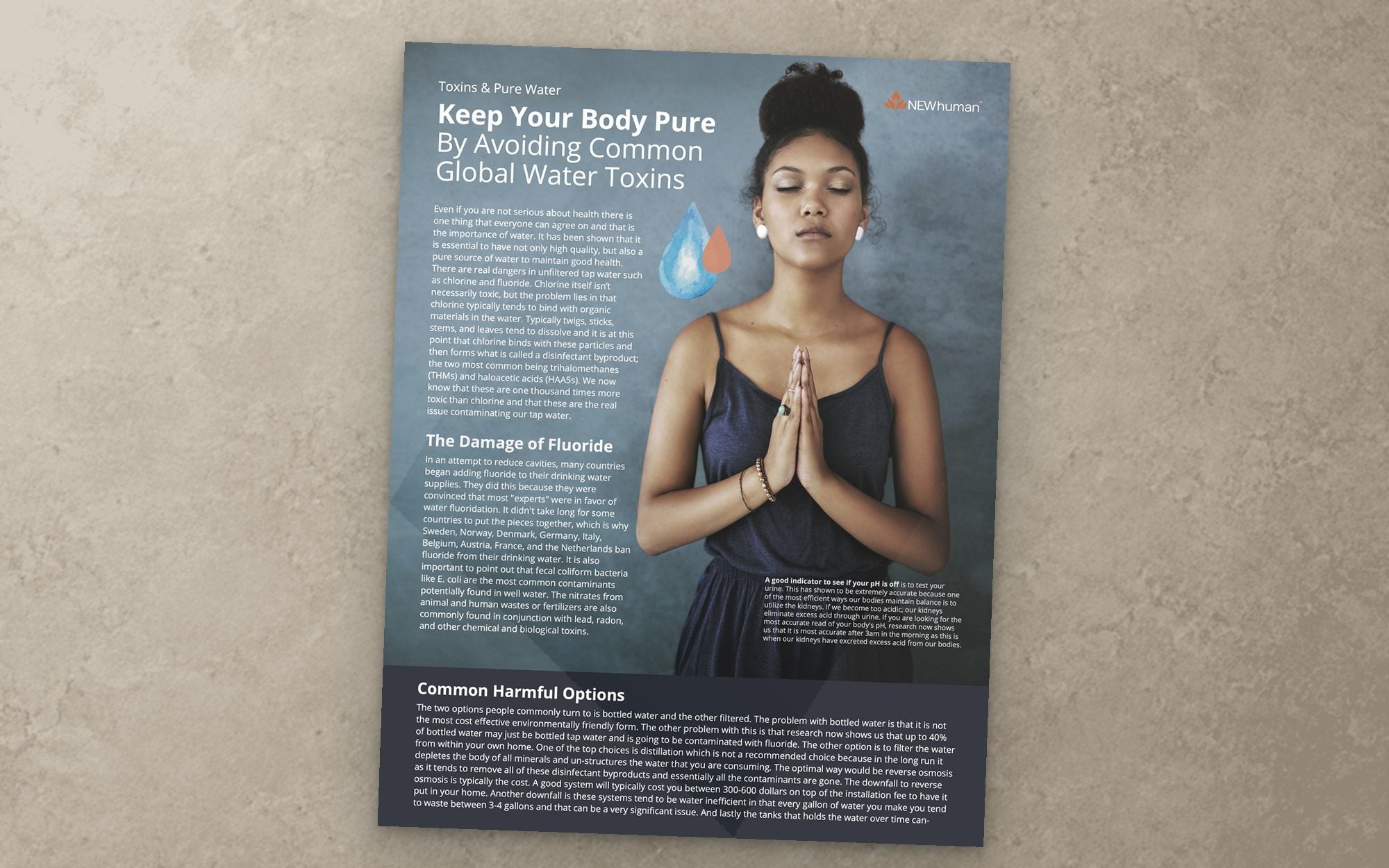 Front of the Pure Water flyer, a slate blue page with the headline Keep Your Body Pure