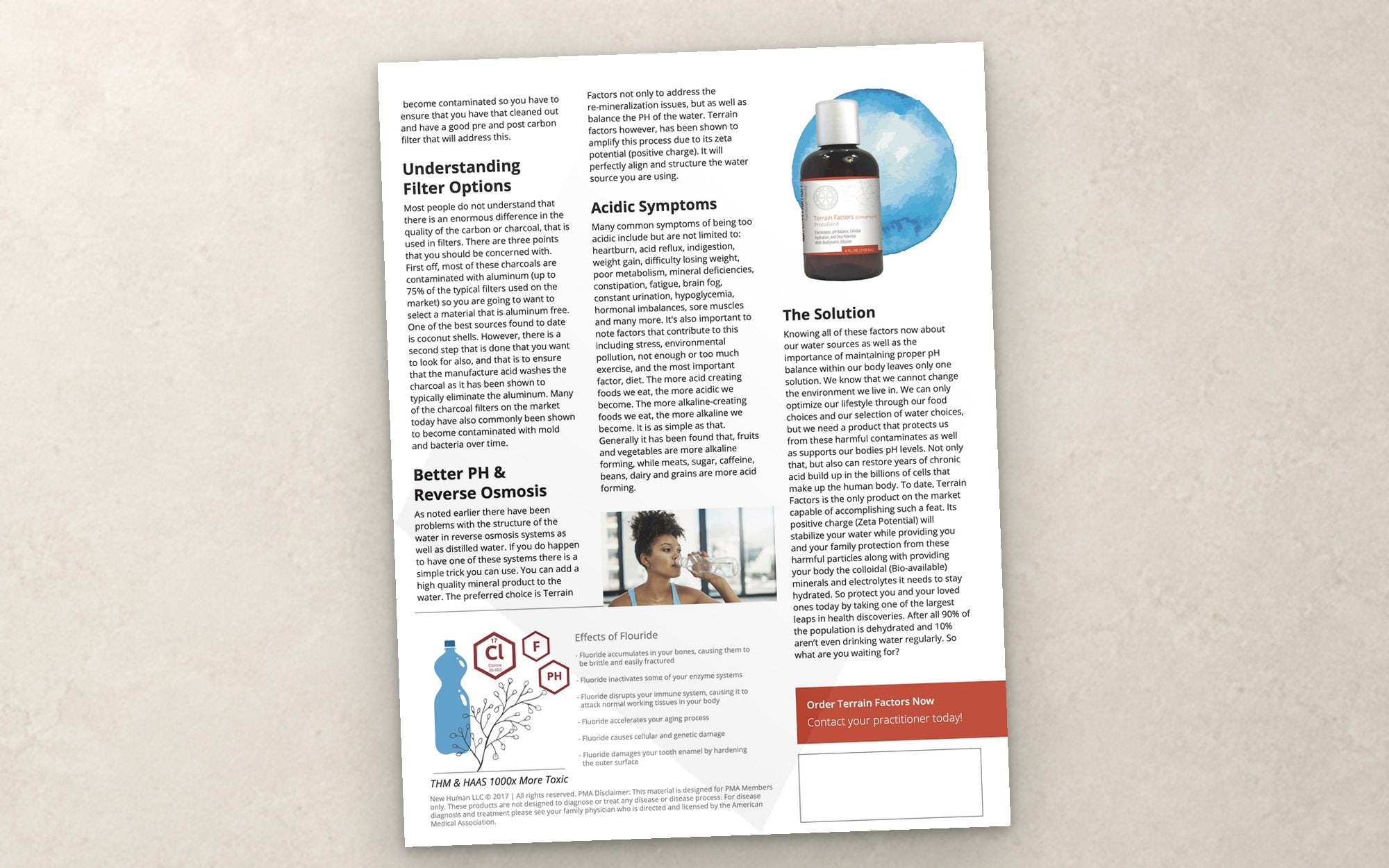 Back of the Pure Water flyer with the filter and pH copy and the Terrain Factors bottle