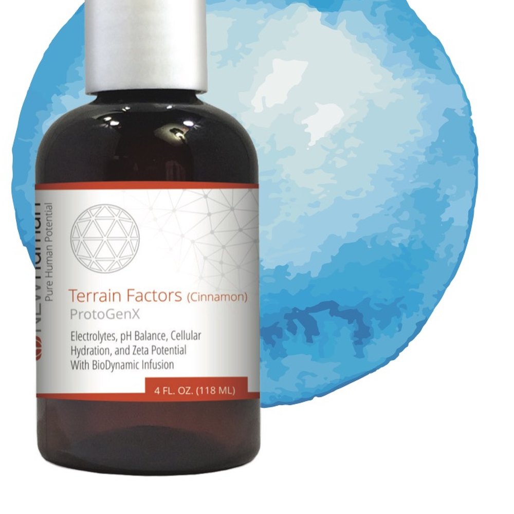 The Terrain Factors bottle sits on a watercolor drop, the only color on the back.
