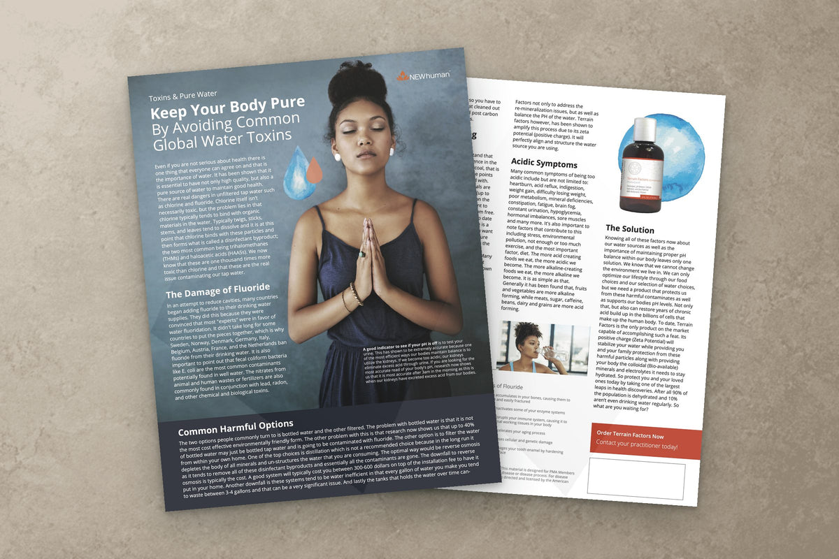 Pure Water communication piece: New Human Pure Water flyer, front and back, laid on a warm stone surface