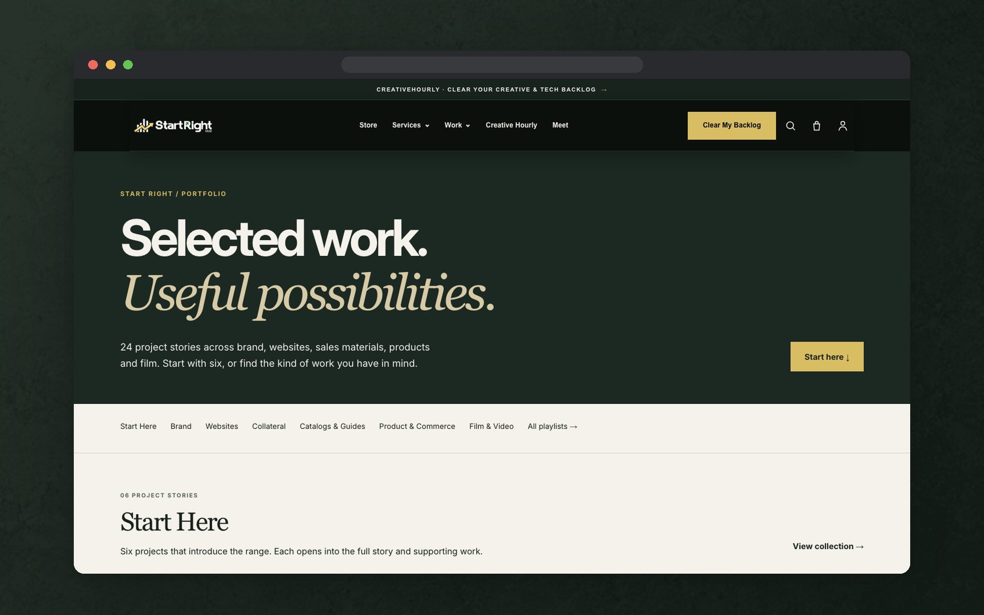 The Start Right portfolio hub, Selected work, with its first collection of project cards
