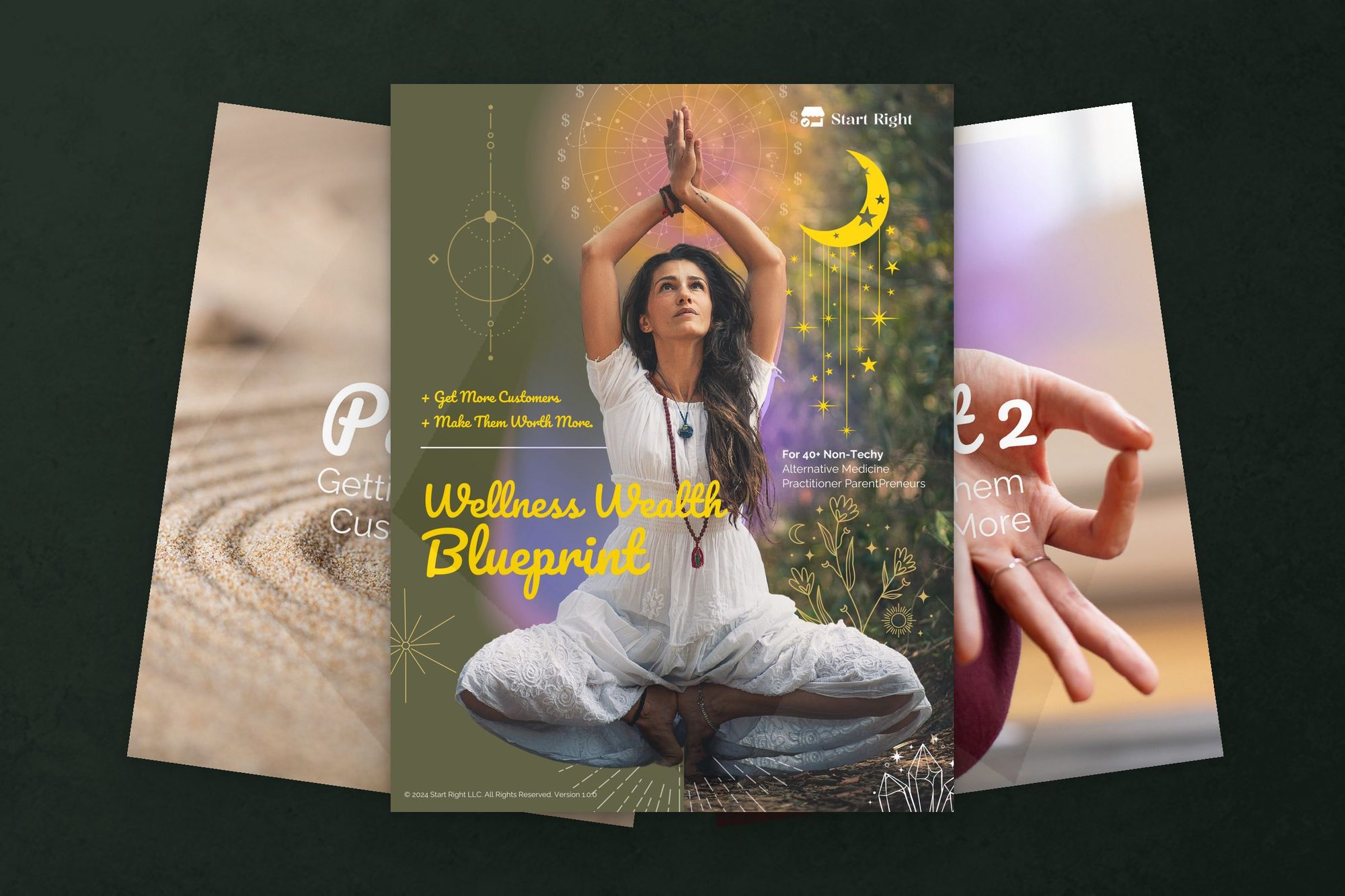 The Wellness Wealth Blueprint cover with two pages fanned behind it, one finished deliverable from the system