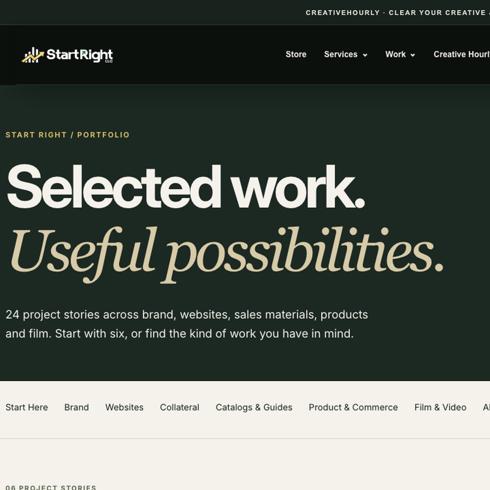The portfolio opens with a heading, a count of project stories and one button.