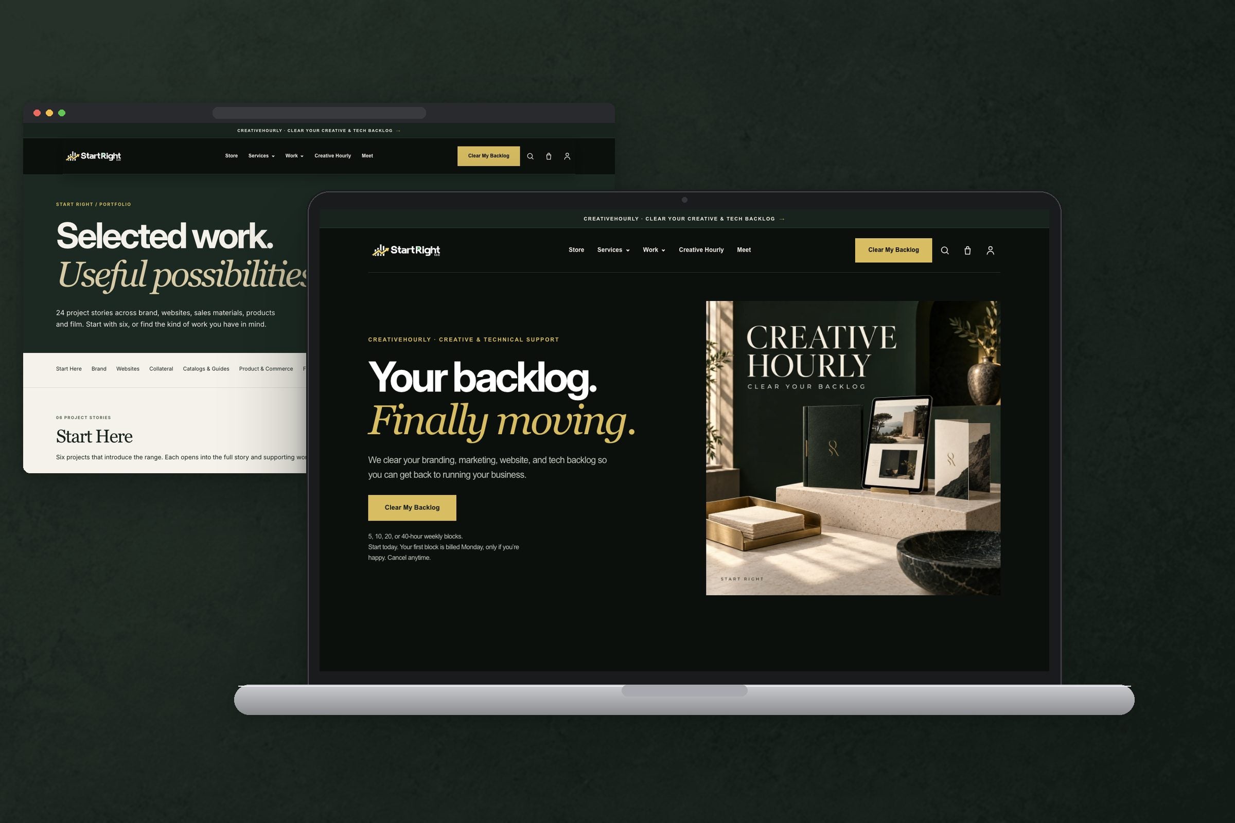 The Start Right homepage on a laptop with the portfolio page in a browser window behind it