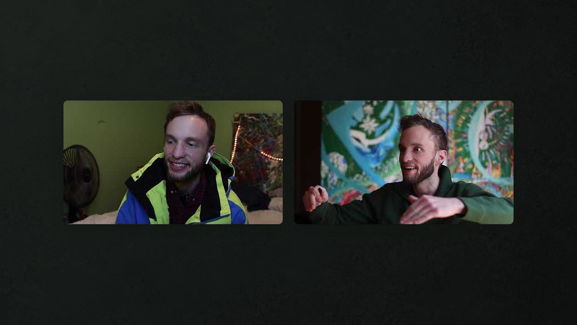 Two interview stills: Stoven in a blue and green jacket in his studio, and Stoven explaining a painting with both hands