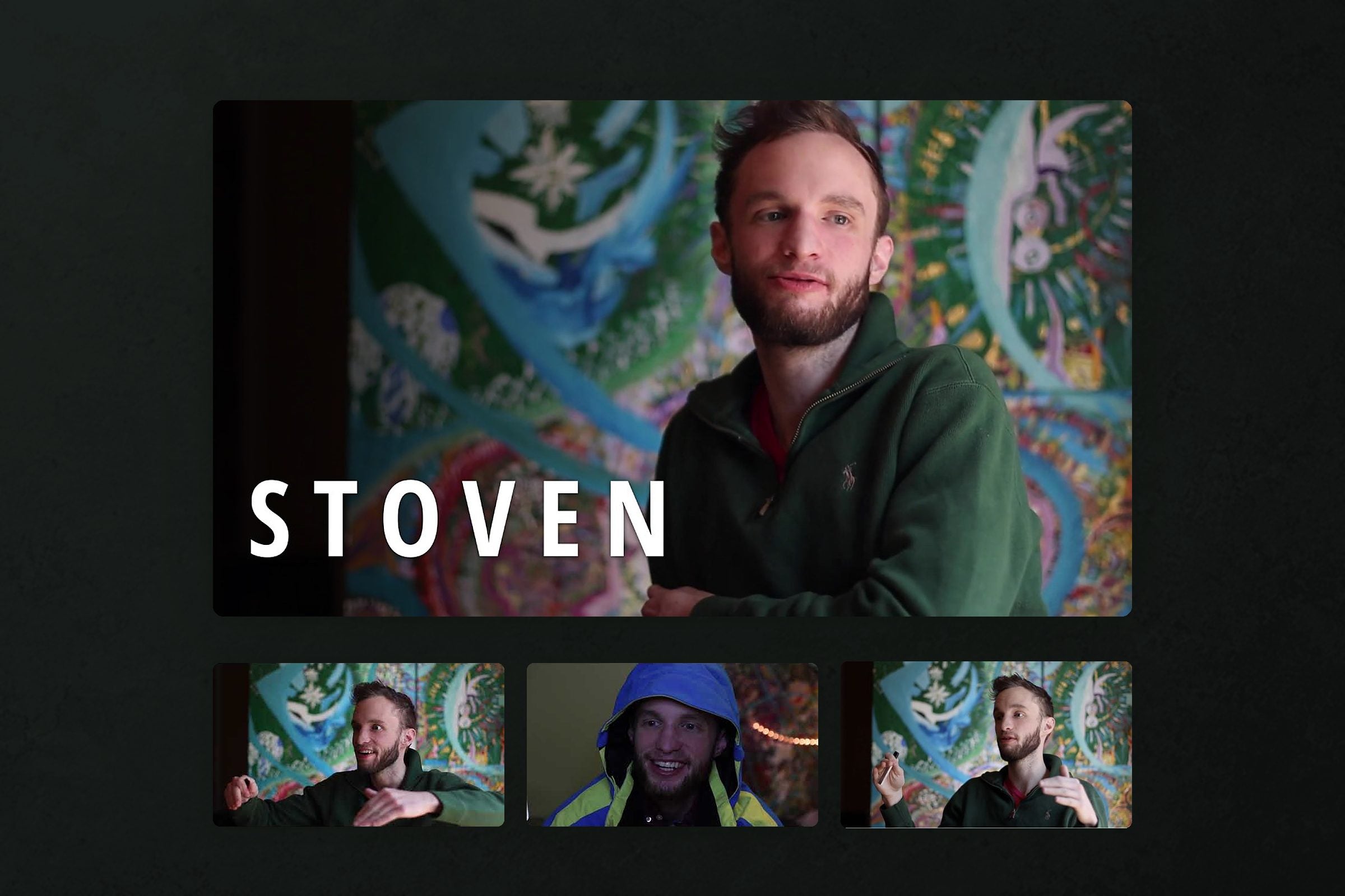 Stoven seated in front of one of his large painted canvases, with the film title, and three smaller stills of the artist talking with his hands