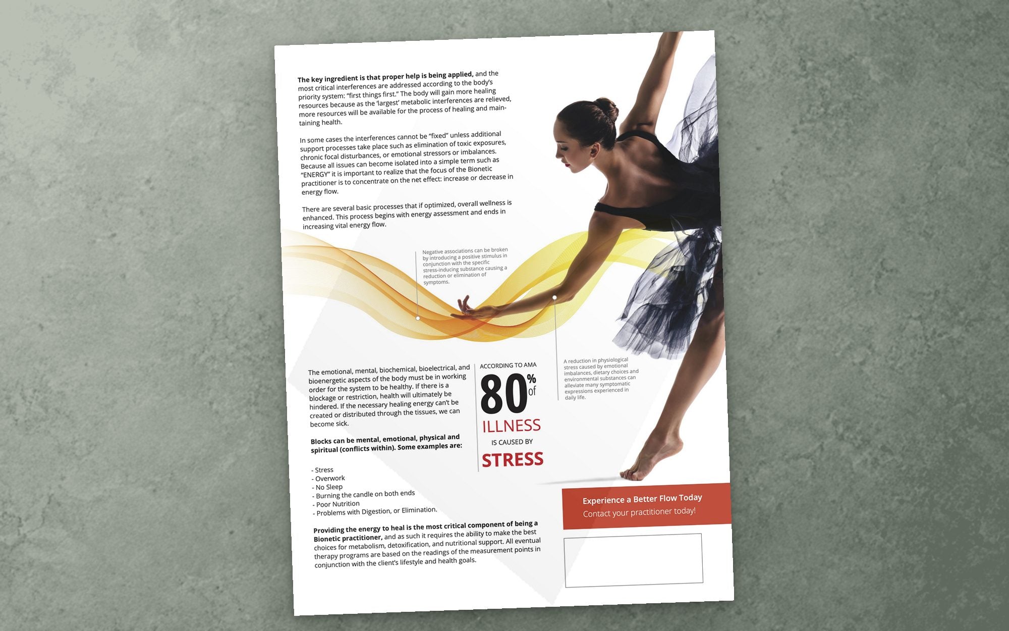 Back of the Voll Polarity flyer with the 80 percent stress statistic