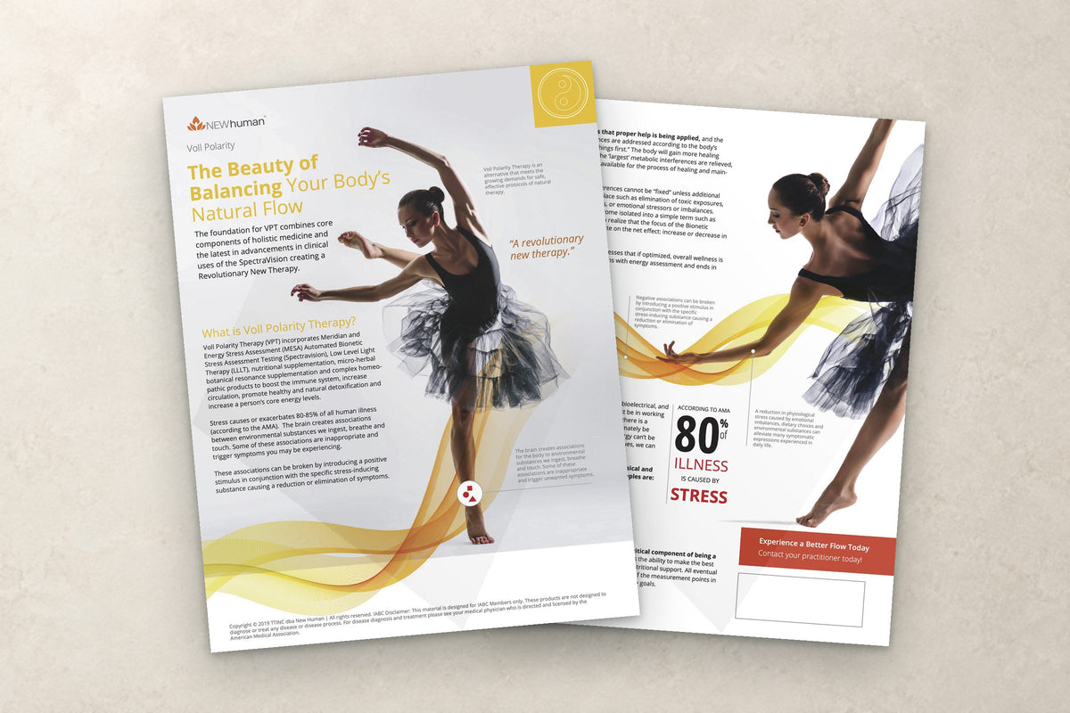 Voll Polarity education series: New Human Voll Polarity flyer, front and back, laid on a light stone surface