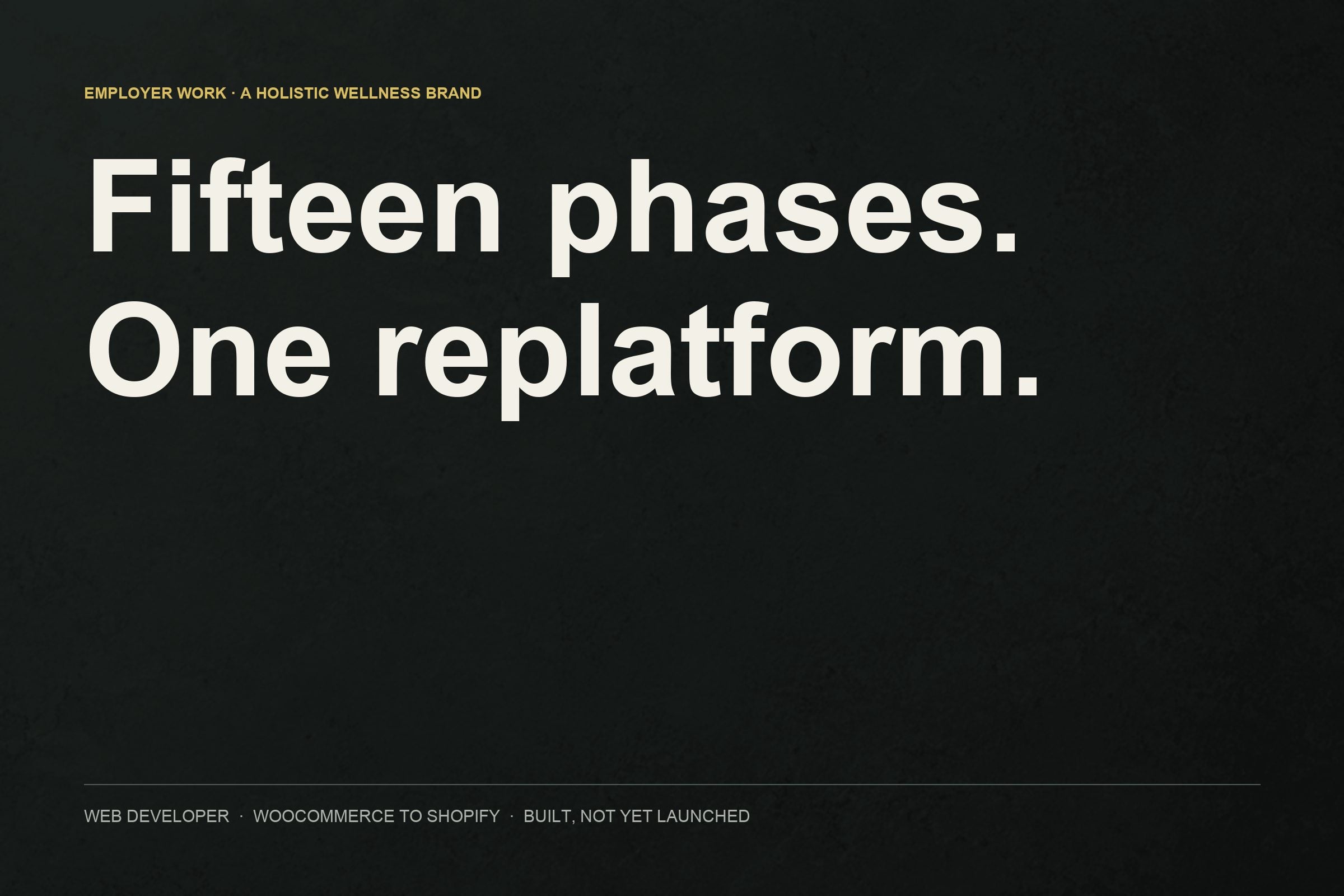 Title card for the commerce replatform: fifteen phases, one replatform, led as Web Developer