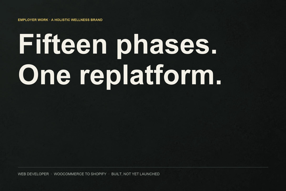 Wellness brand commerce replatform: Title card for the commerce replatform: fifteen phases, one replatform, led as Web Developer